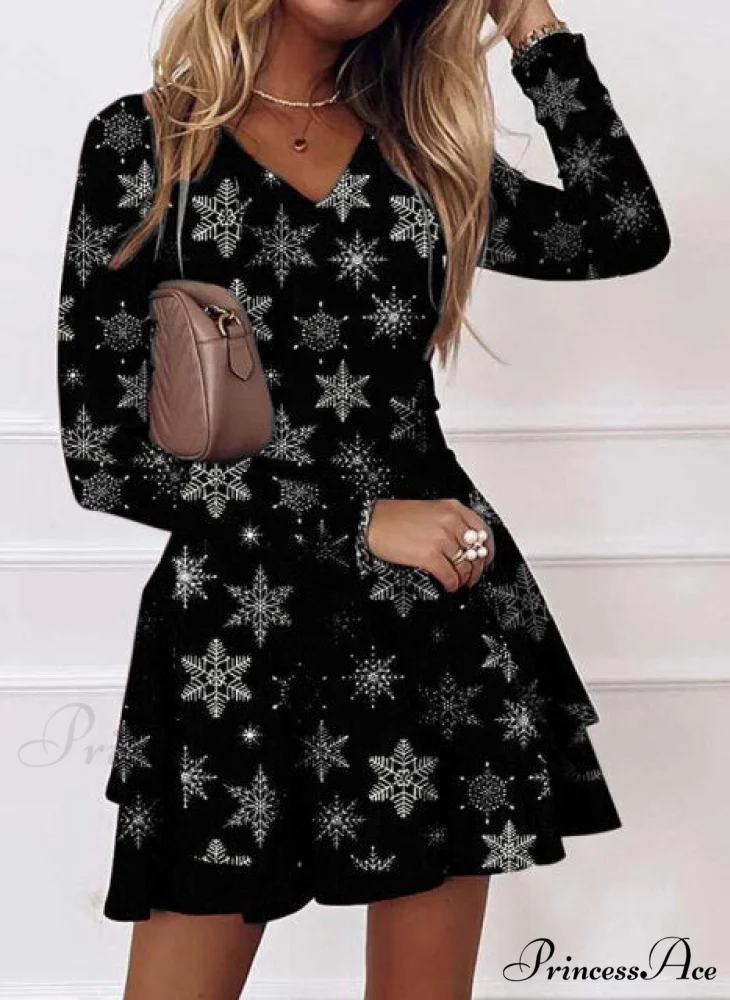 Long Sleeve V-neck Snowflake Print Dresses - Image 2