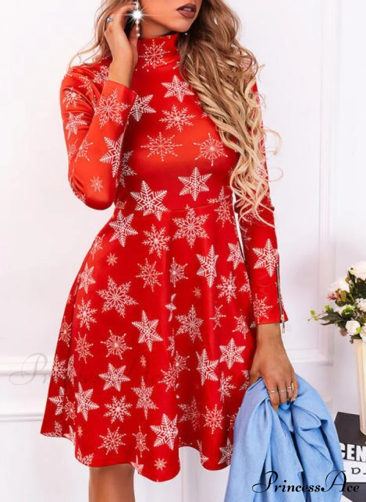 Long Sleeve V-neck Snowflake Print Dresses - Image 6