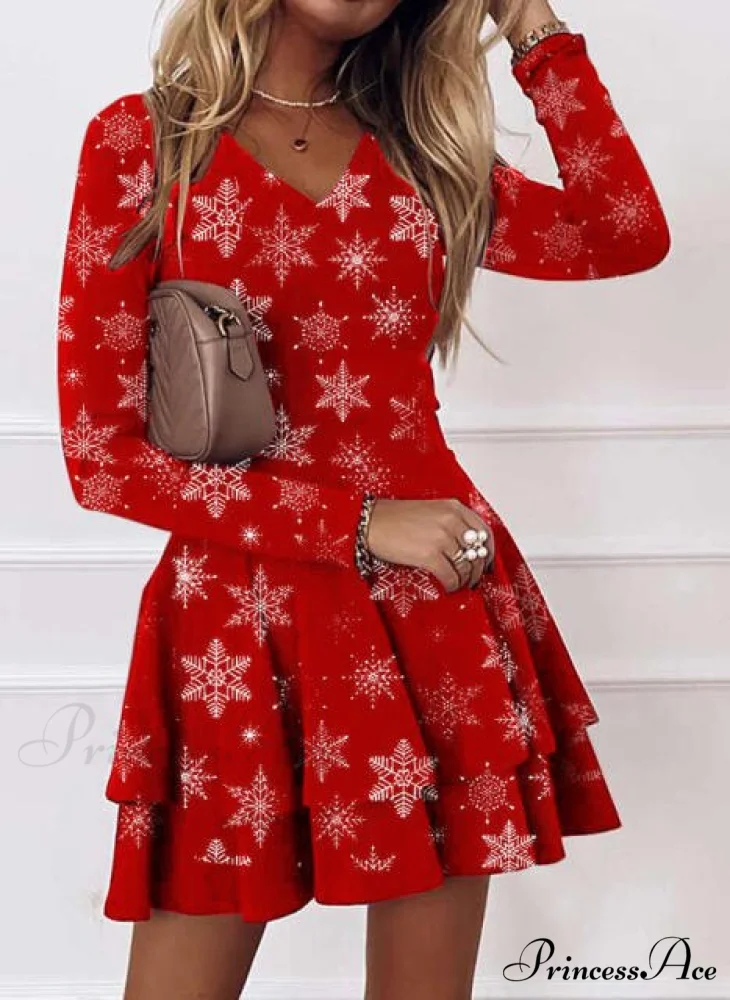Long Sleeve V-neck Snowflake Print Dresses - Image 7