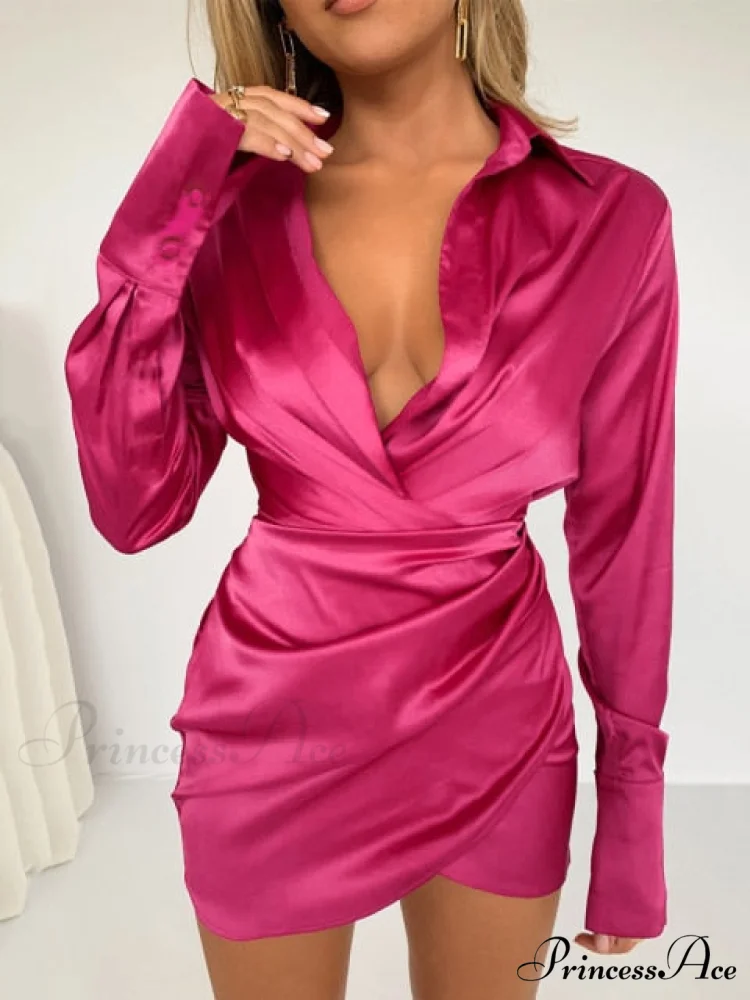 Long Sleeve V Neck Ruched Wrap Mini Dress - Image 2