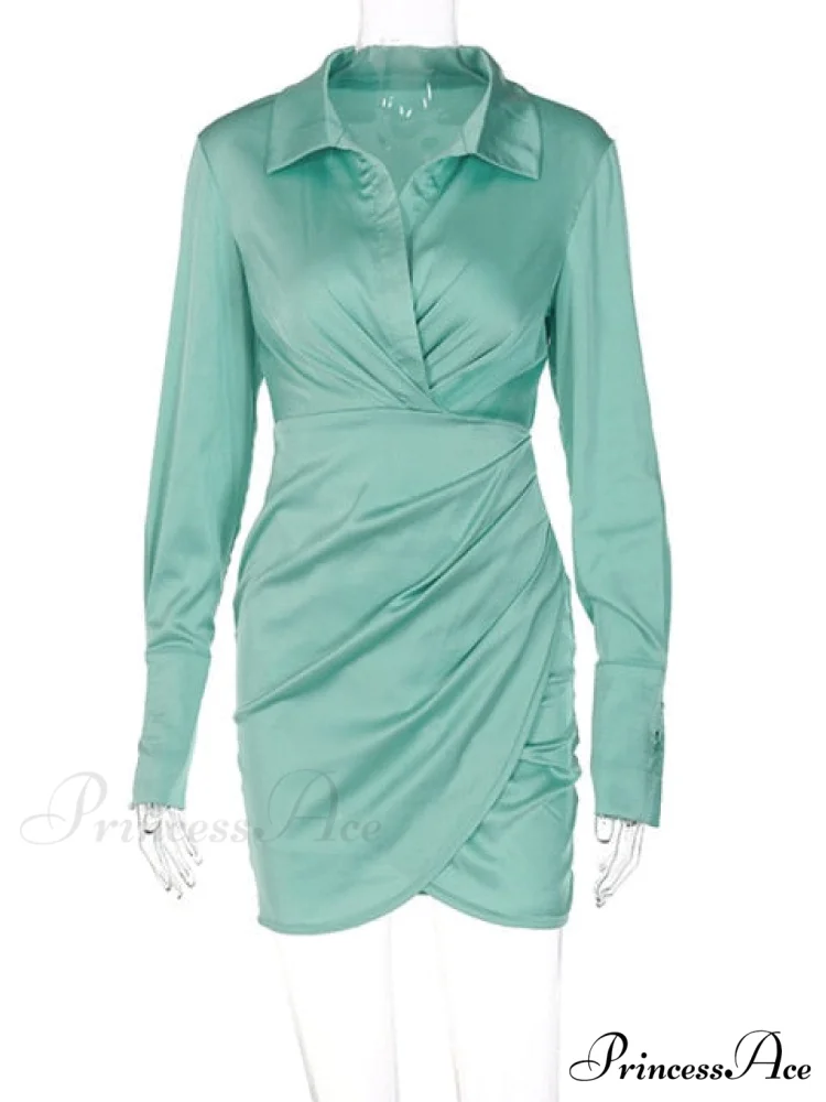 Long Sleeve V Neck Ruched Wrap Mini Dress - Image 3