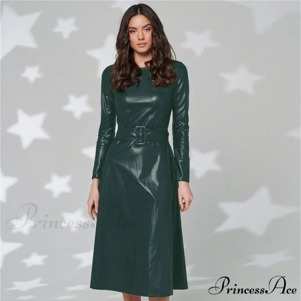Women Long Sleeve Slim Fit PU Dress - Image 3