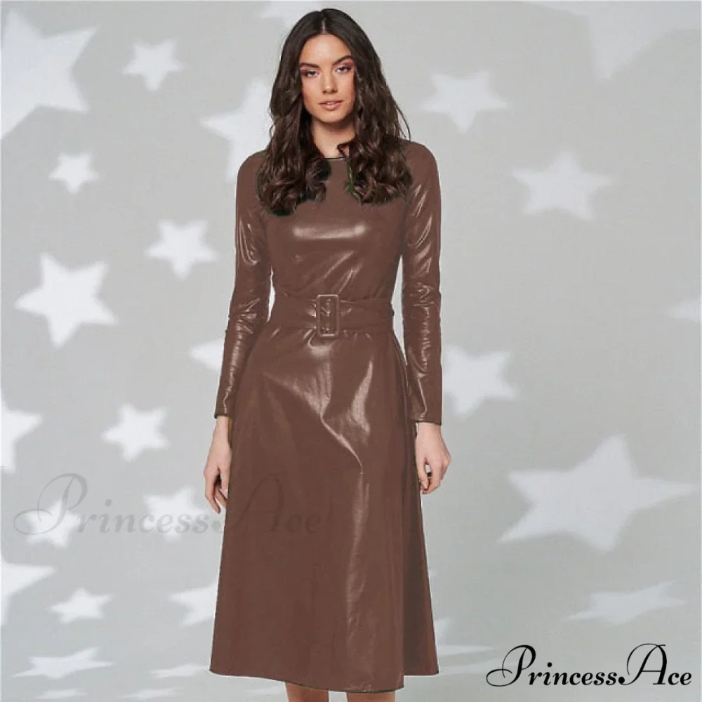 Women Long Sleeve Slim Fit PU Dress - Image 4