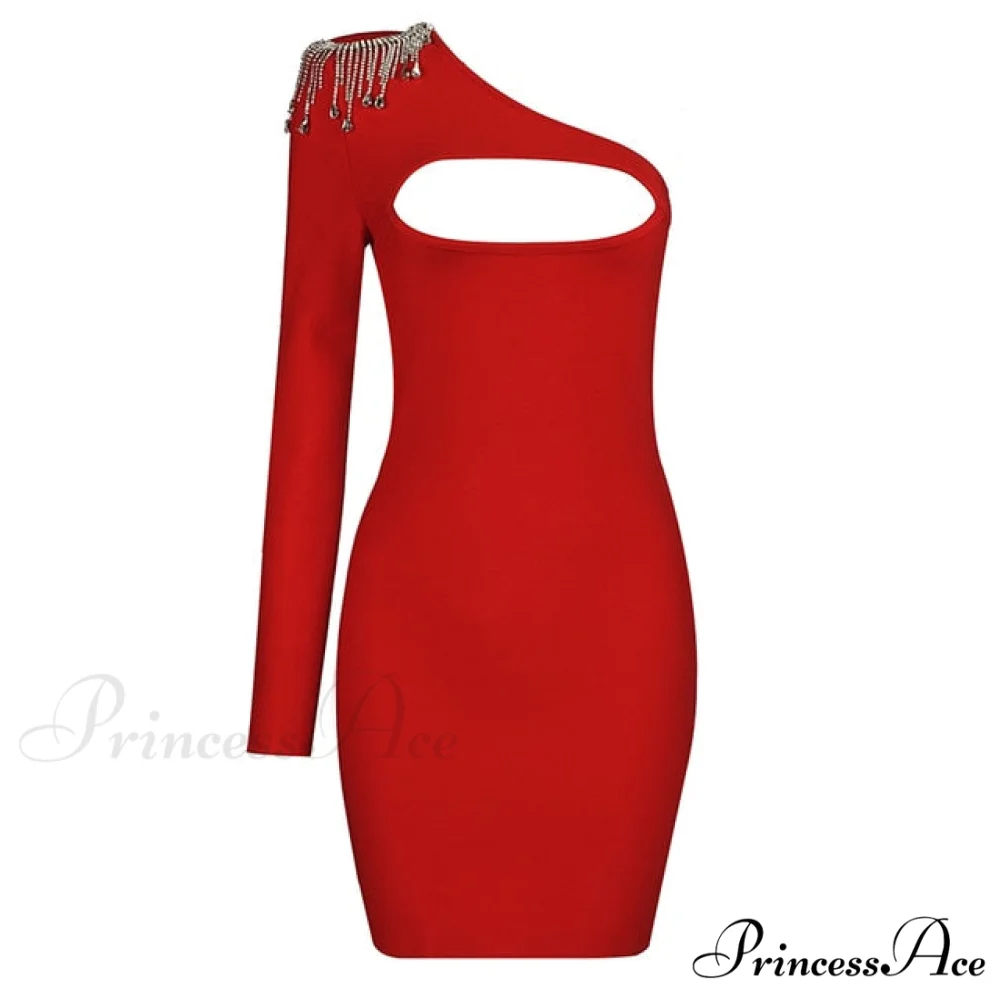 Sexy Beading One Shoulder Bodycon Mini Dress - Image 3