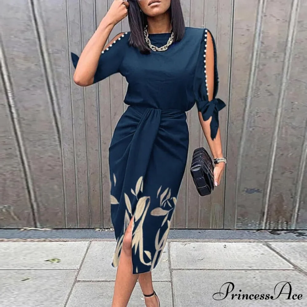 Lady Elegant O Neck Draped Slit Long Dress - Image 2
