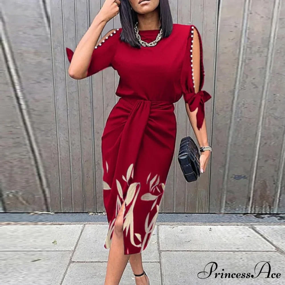Lady Elegant O Neck Draped Slit Long Dress - Image 3