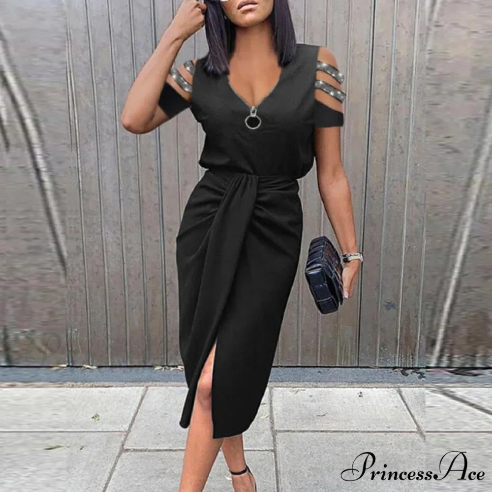 Lady Elegant O Neck Draped Slit Long Dress - Image 4