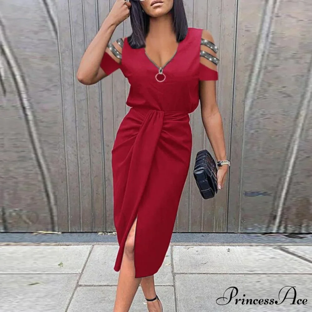 Lady Elegant O Neck Draped Slit Long Dress - Image 5