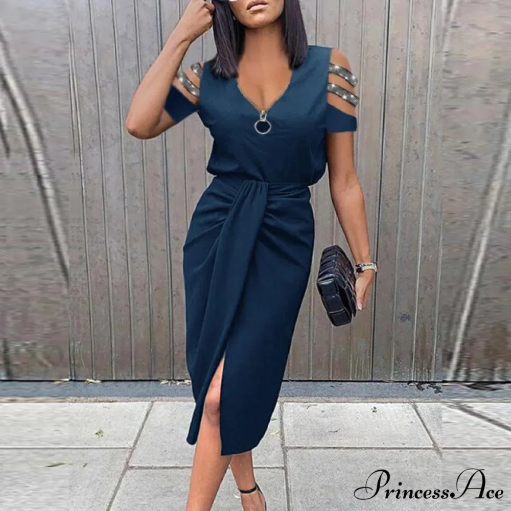 Lady Elegant O Neck Draped Slit Long Dress - Image 6