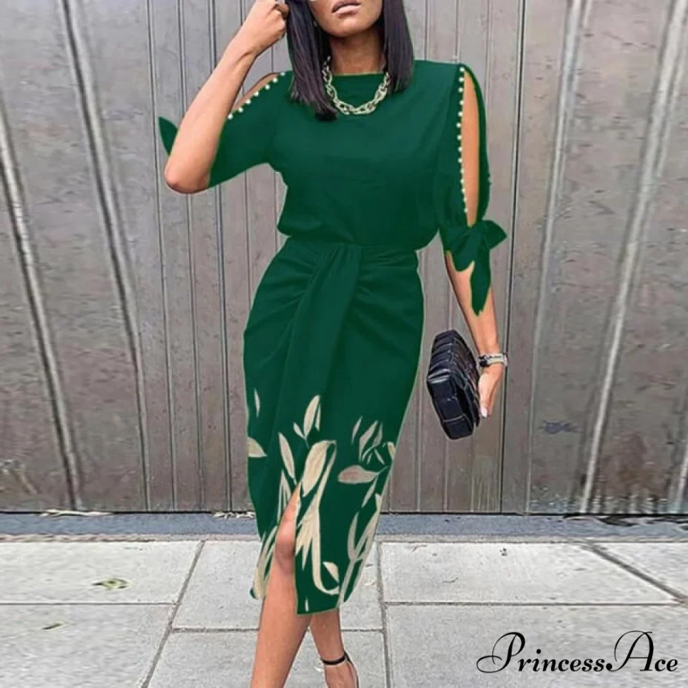 Lady Elegant O Neck Draped Slit Long Dress - Image 7