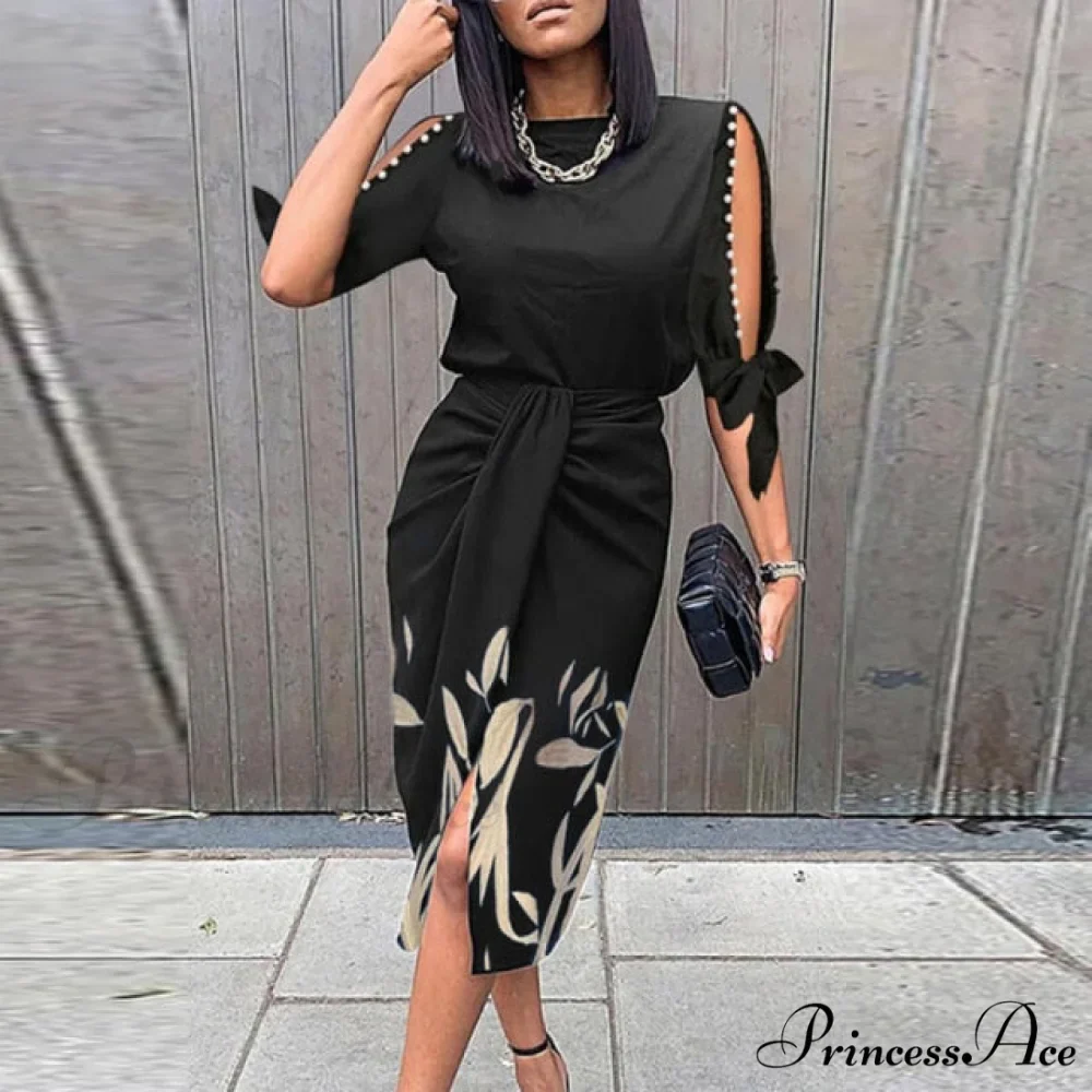 Lady Elegant O Neck Draped Slit Long Dress - Image 8