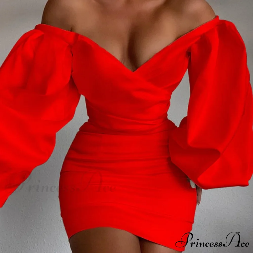 White Off Shoulder Puff Long Sleeve Satin Dress - Image 2