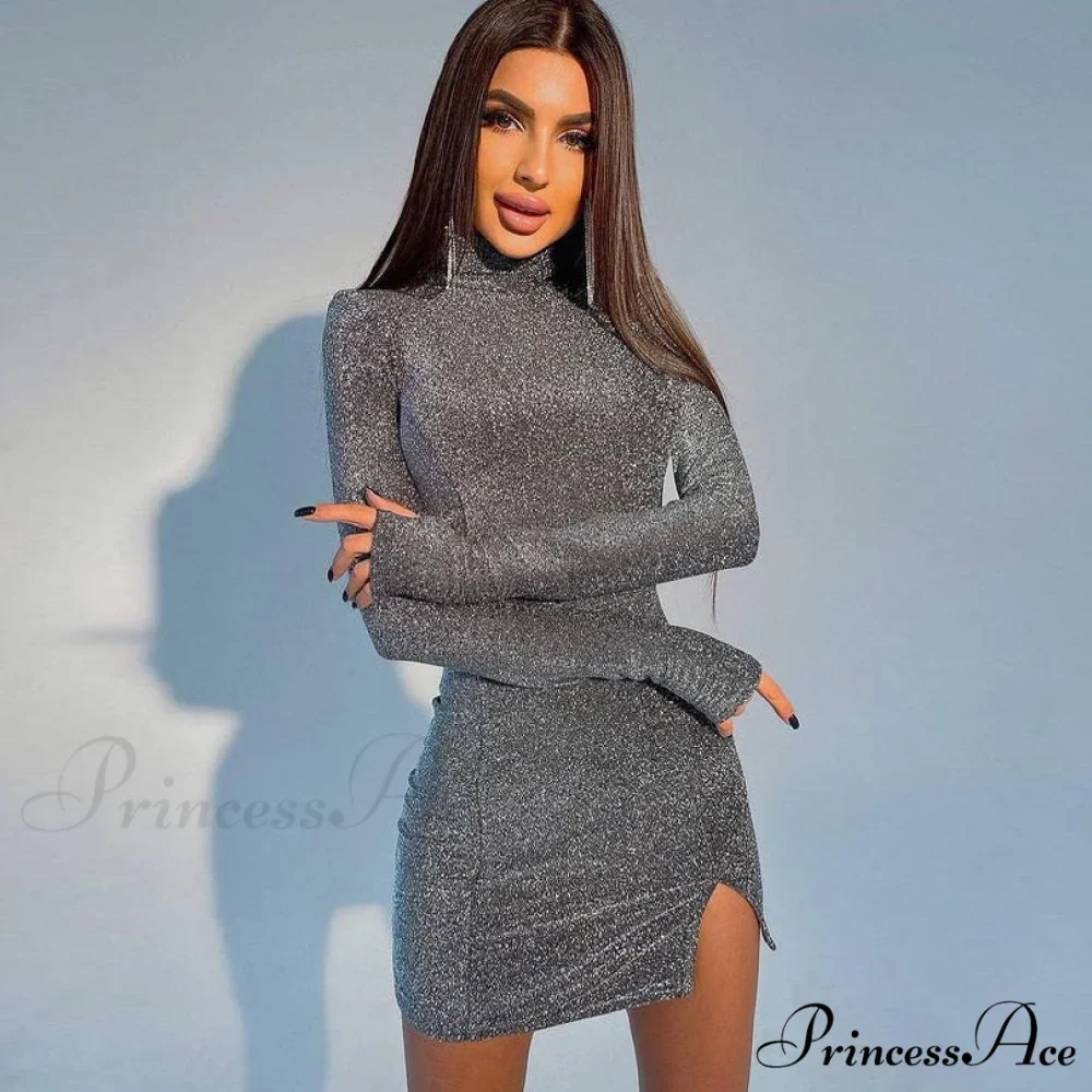 Bright Long Sleeve Solid Turtleneck Mini Dress - Image 3
