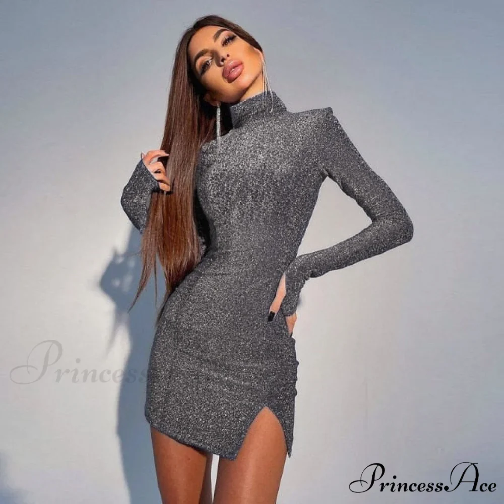 Bright Long Sleeve Solid Turtleneck Mini Dress - Image 4