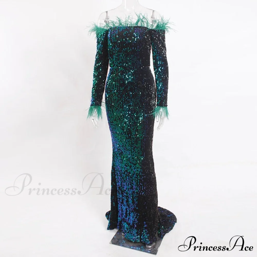 Long Sleeve Bodycon Stretchy Slash Neck Mermaid Dress - Image 3