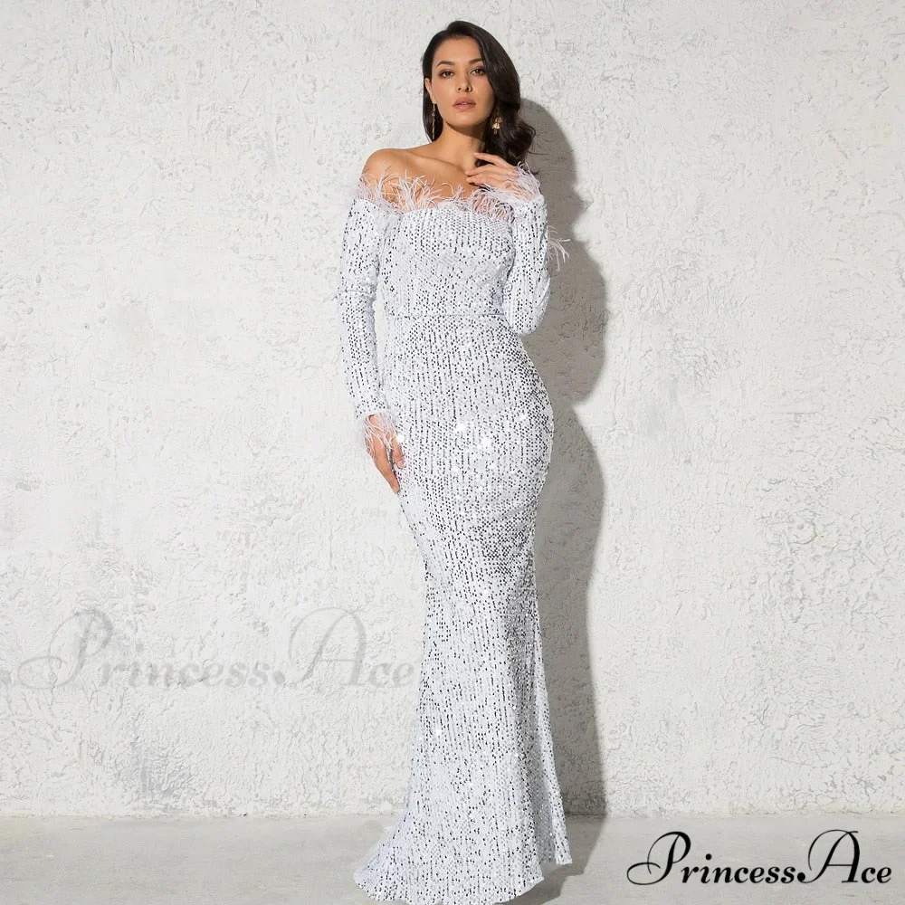 Long Sleeve Bodycon Stretchy Slash Neck Mermaid Dress - Image 4