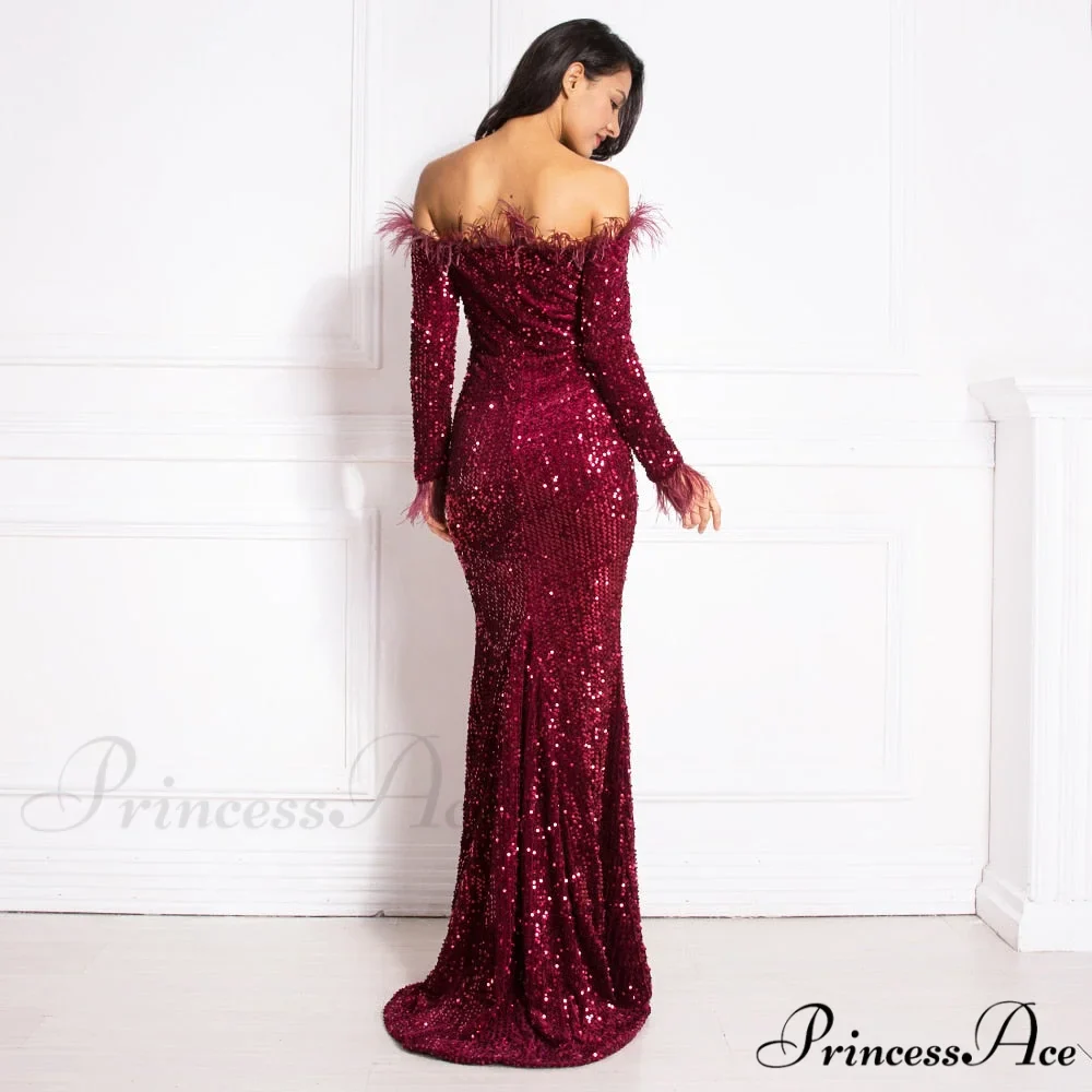 Long Sleeve Bodycon Stretchy Slash Neck Mermaid Dress - Image 7