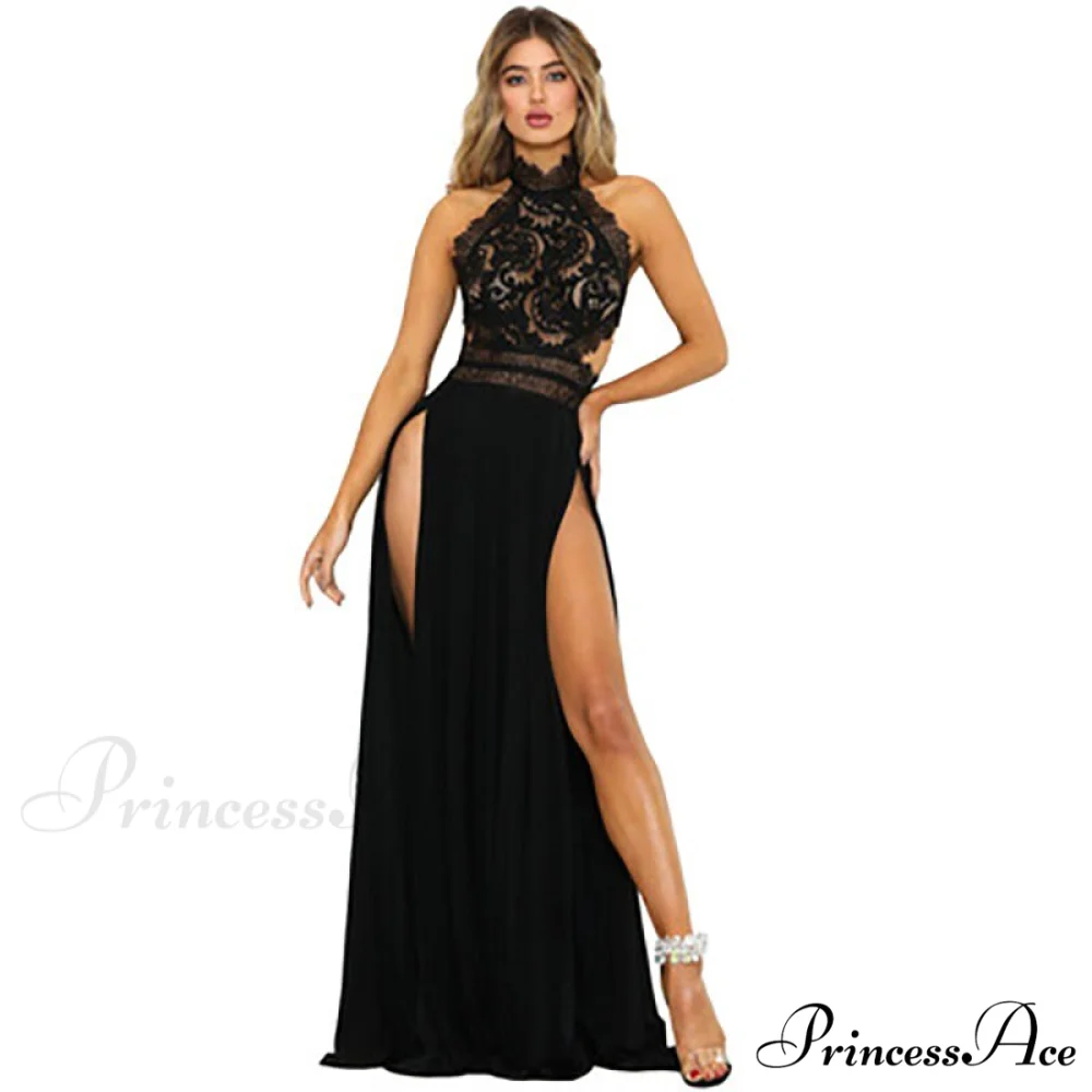 2024 lady's Sexy See-Through lace Nude Back High Slit Dress - Image 3