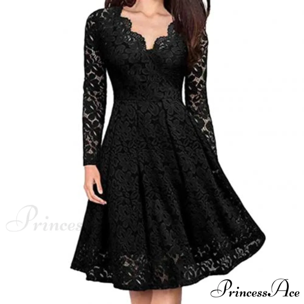 Lace Floral V Neck Long Sleeve Midi Dress - Image 2