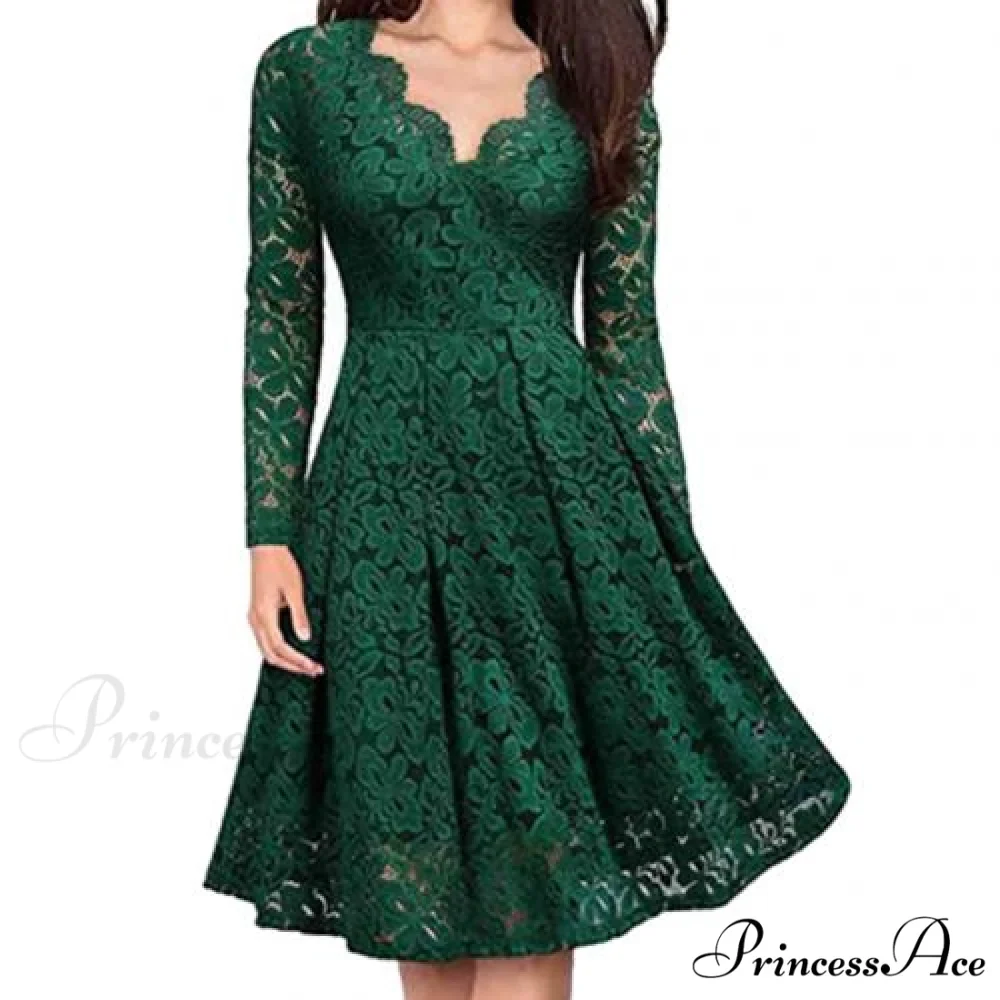 Lace Floral V Neck Long Sleeve Midi Dress - Image 3
