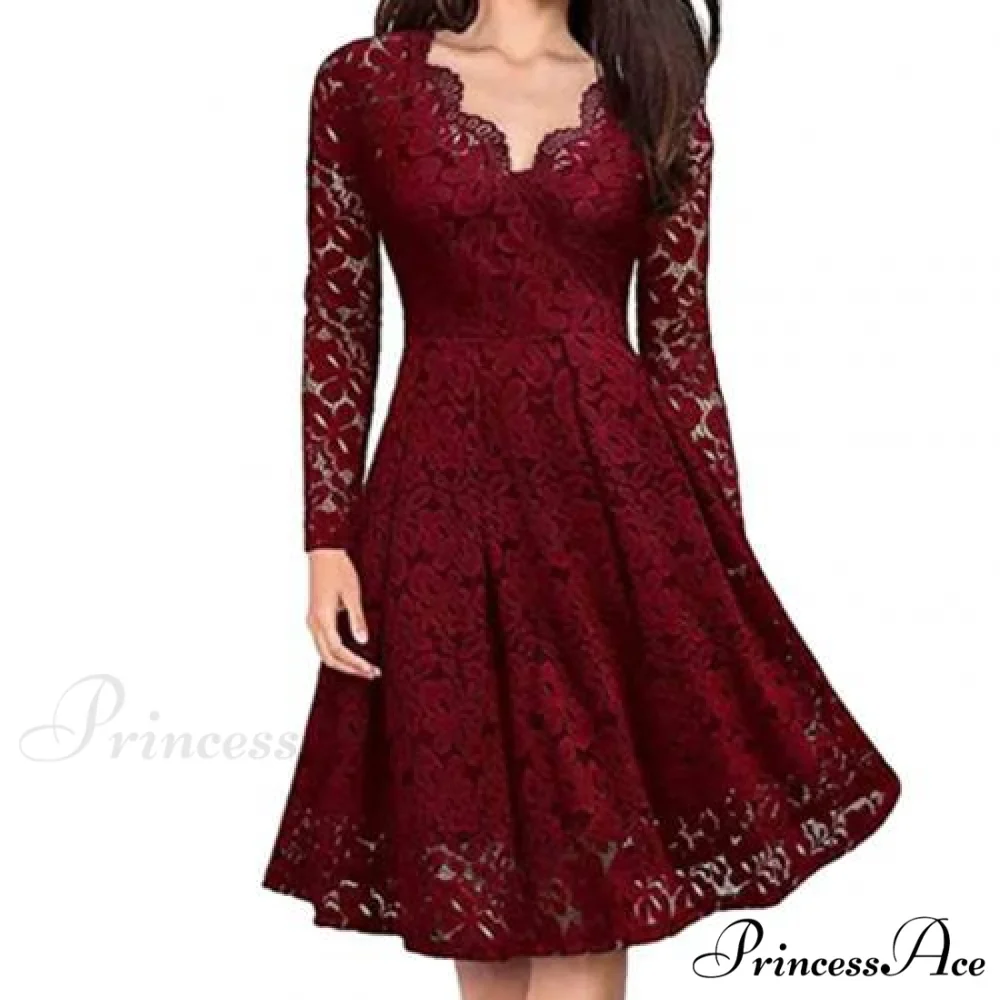 Lace Floral V Neck Long Sleeve Midi Dress - Image 4