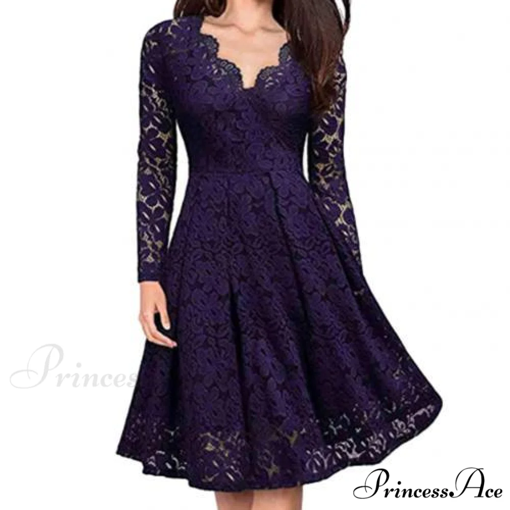 Lace Floral V Neck Long Sleeve Midi Dress - Image 5