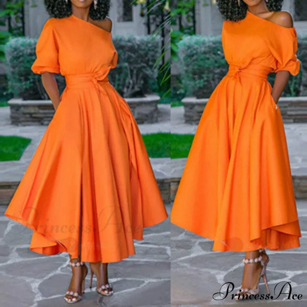 A Line Pleated Orange Elegant Dress - Image 2