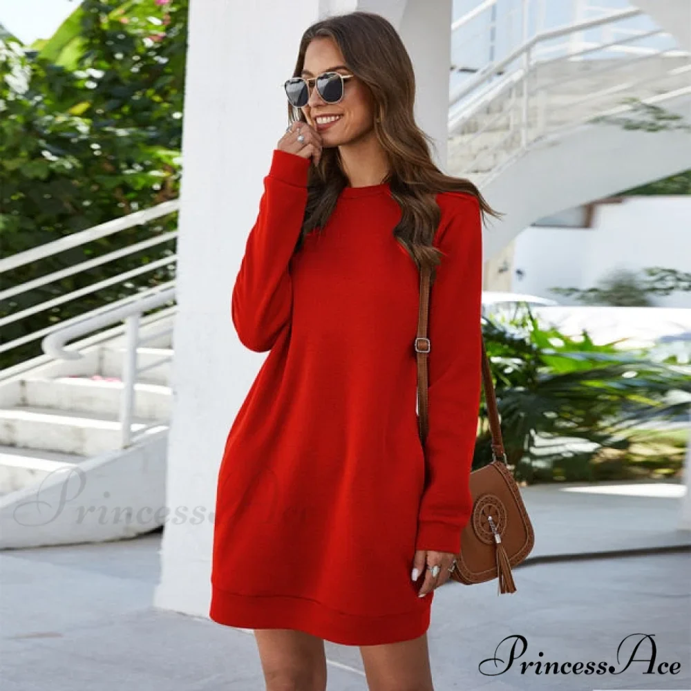 Long Sleeve Fashion Solid Loose Pocket Dress - Image 12
