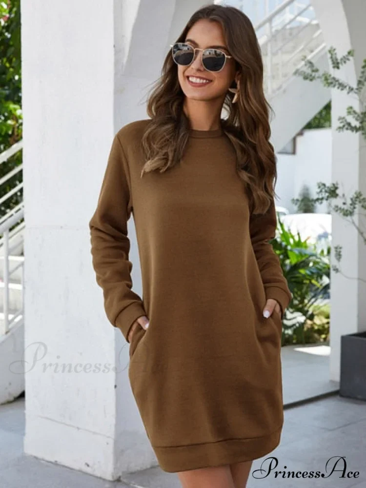 Long Sleeve Fashion Solid Loose Pocket Dress - Image 8