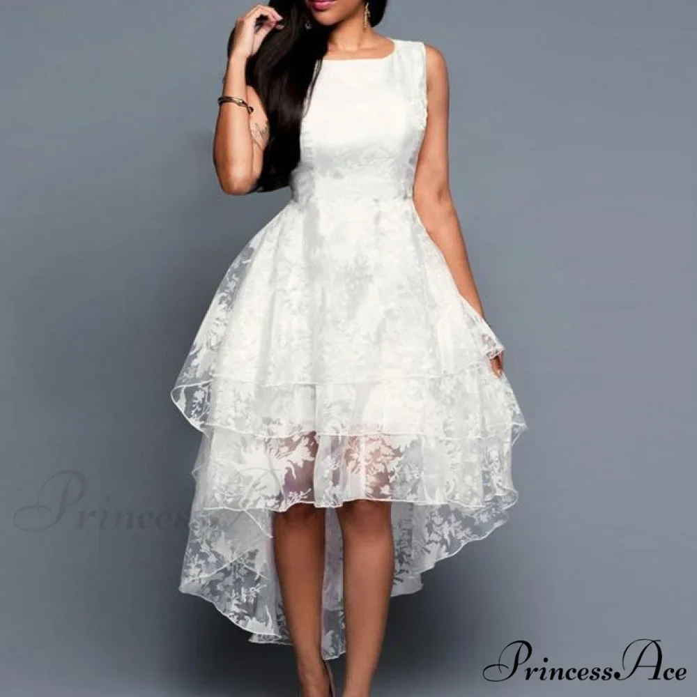 White Sleeveless O Neck Lace Dress - Image 3