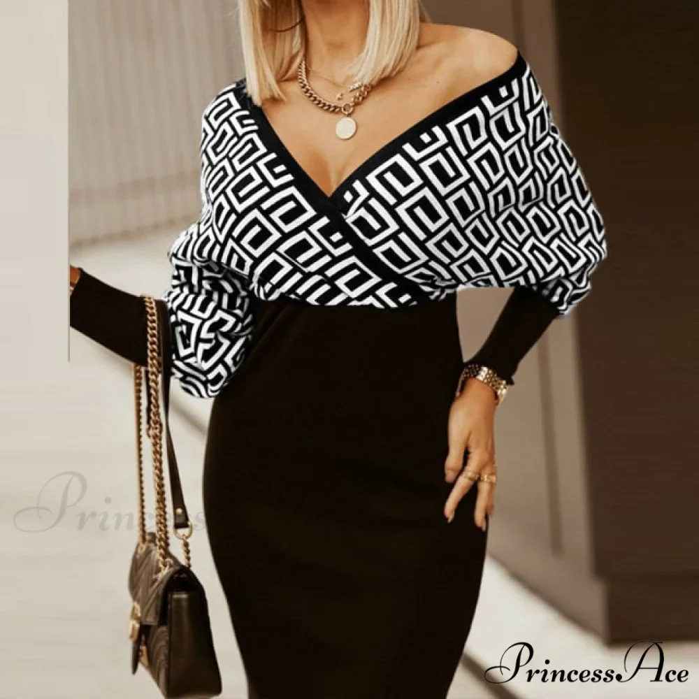 Sexy Deep V Neck Office Lady Long Sleeve Dress - Image 11