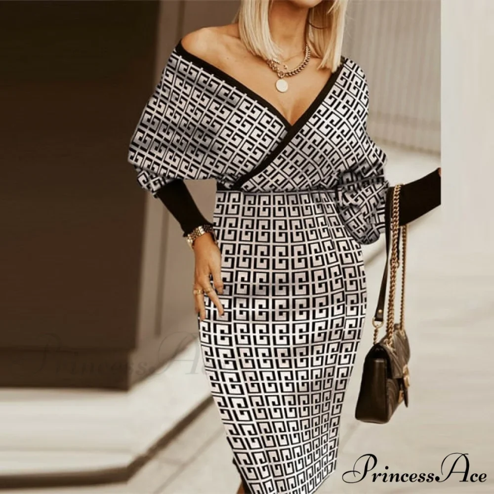Sexy Deep V Neck Office Lady Long Sleeve Dress - Image 2