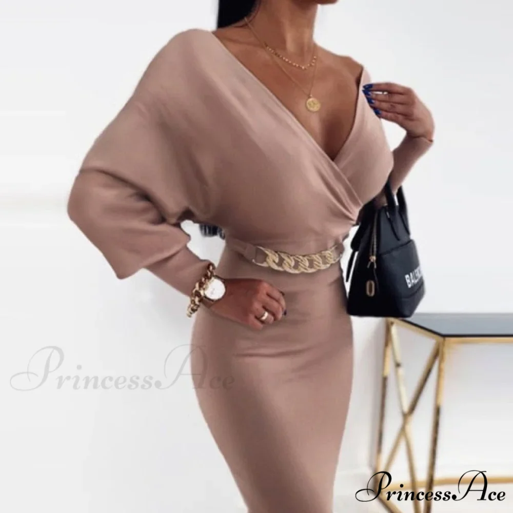 Sexy Deep V Neck Office Lady Long Sleeve Dress - Image 3
