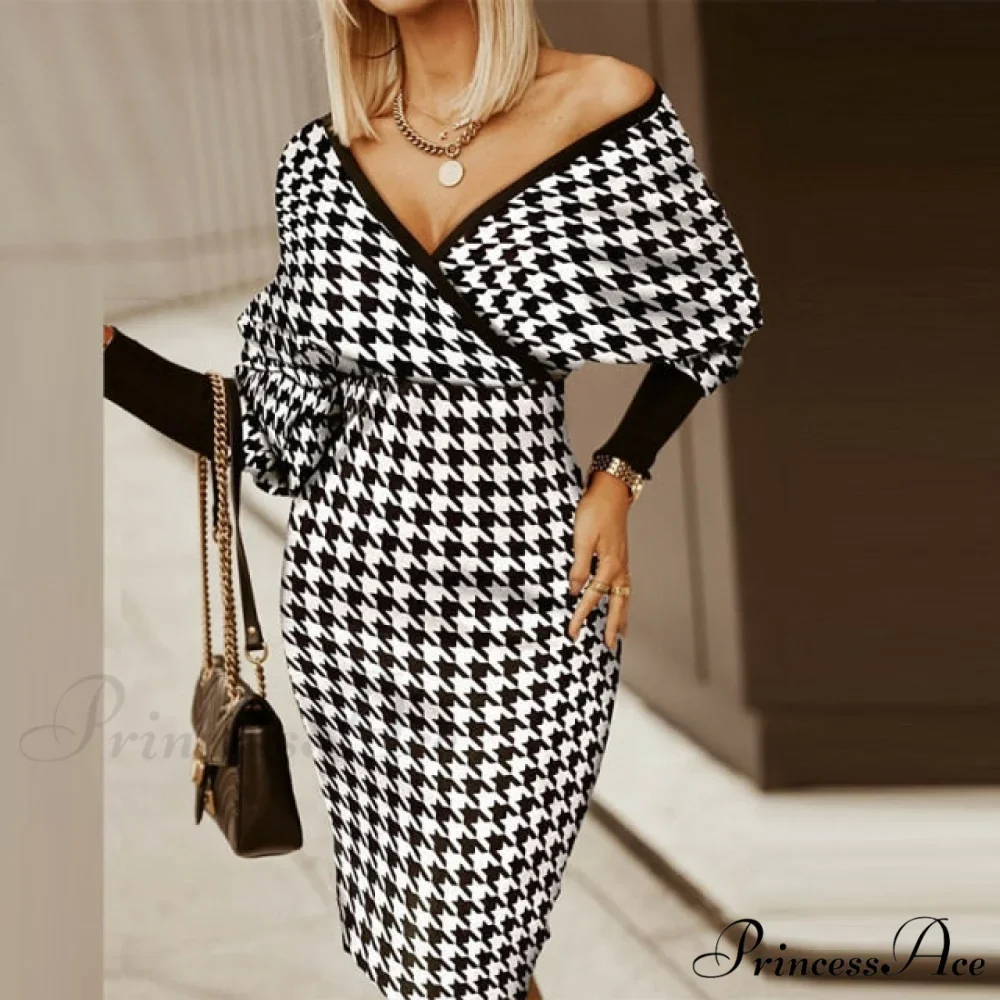 Sexy Deep V Neck Office Lady Long Sleeve Dress - Image 4