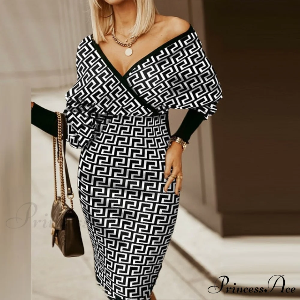 Sexy Deep V Neck Office Lady Long Sleeve Dress - Image 5