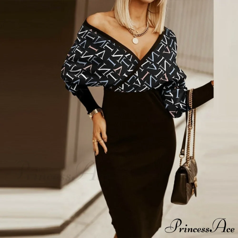 Sexy Deep V Neck Office Lady Long Sleeve Dress - Image 6