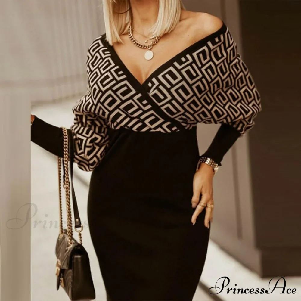 Sexy Deep V Neck Office Lady Long Sleeve Dress - Image 8