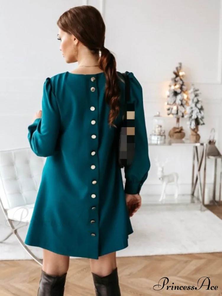Long Sleeve Loose O-neck Button Solid A-line Elegant Dresses - Image 2