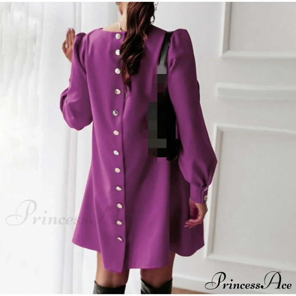 Long Sleeve Loose O-neck Button Solid A-line Elegant Dresses - Image 3