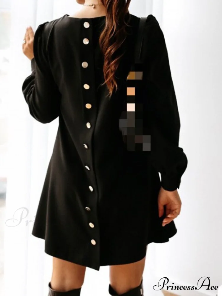 Long Sleeve Loose O-neck Button Solid A-line Elegant Dresses - Image 4