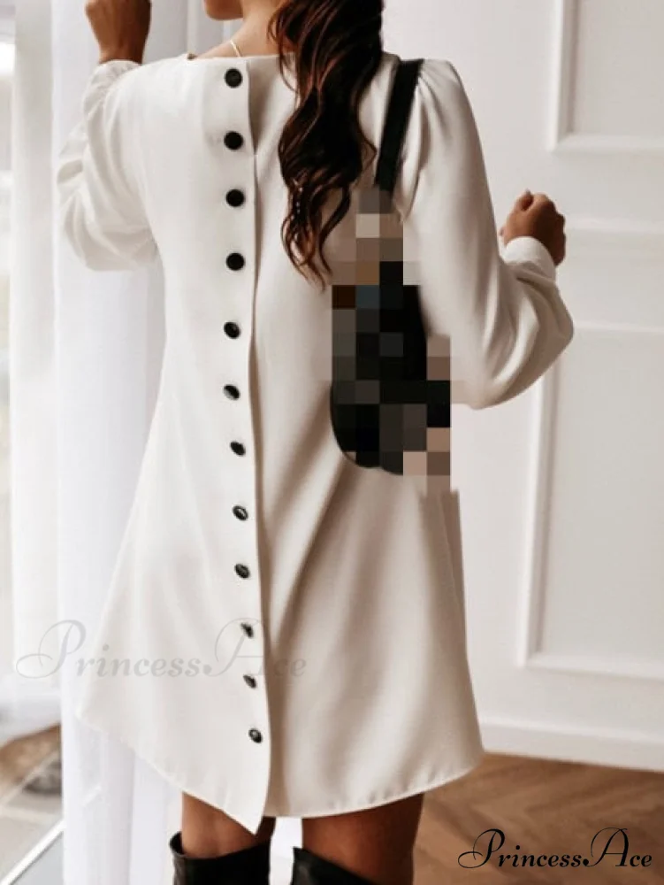 Long Sleeve Loose O-neck Button Solid A-line Elegant Dresses - Image 5