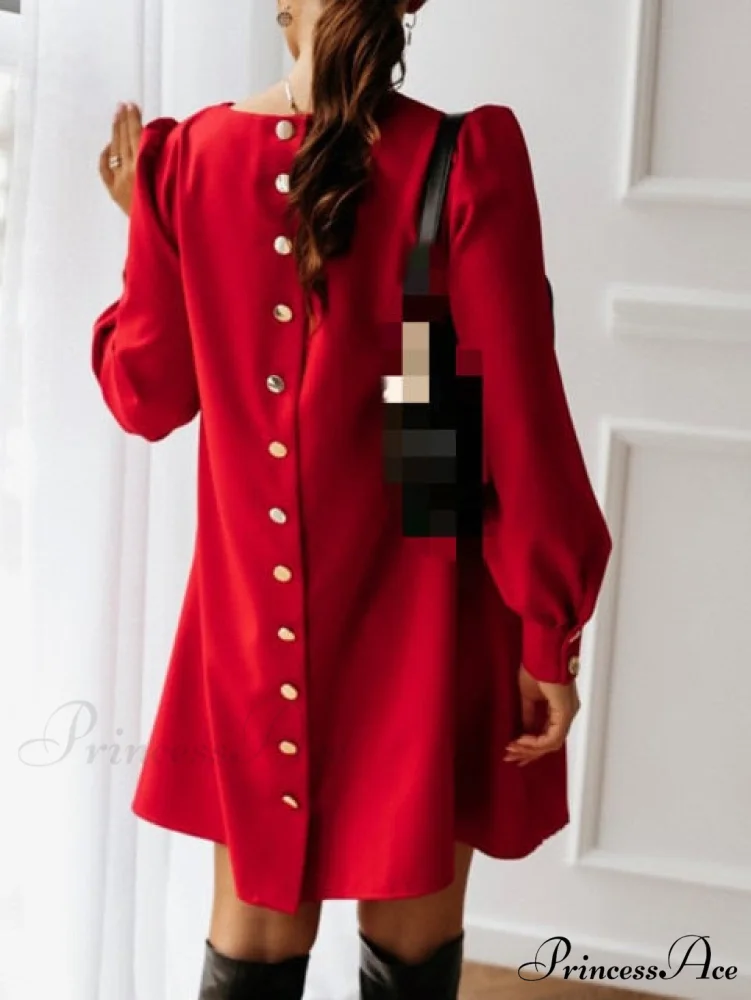 Long Sleeve Loose O-neck Button Solid A-line Elegant Dresses - Image 6