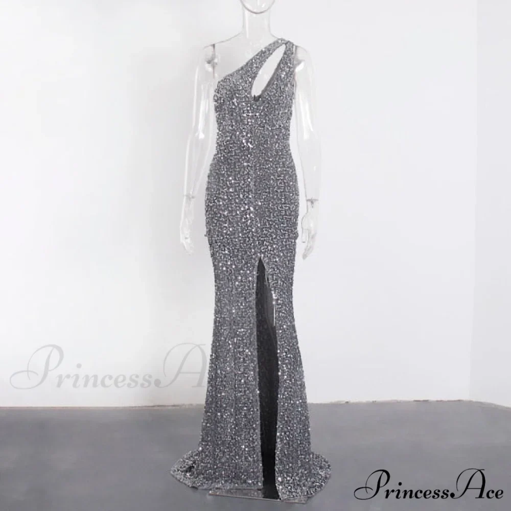 Sexy Hole Cut Out Grey Sparkle Sequins Maxi Dress - Image 4