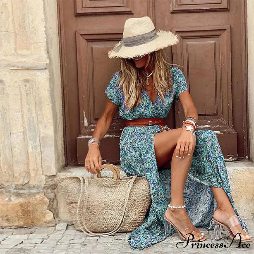 Sexy V-neck Short Sleeve Belted Maxi Dress - Image 7