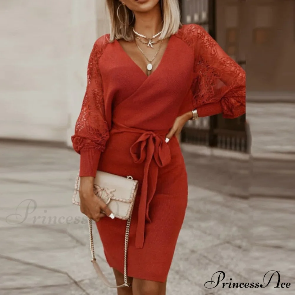 Elegant V Neck Lace Patchwork Ladies Dresses - Image 12