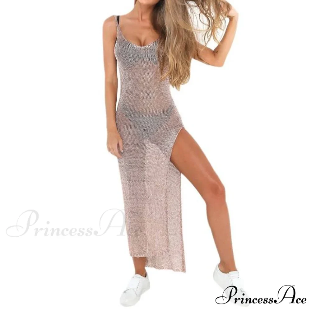 Solid Color Backless High Slit Sleeveless Dress - Image 3