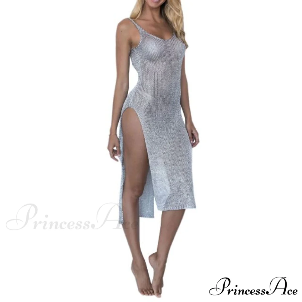 Solid Color Backless High Slit Sleeveless Dress - Image 5