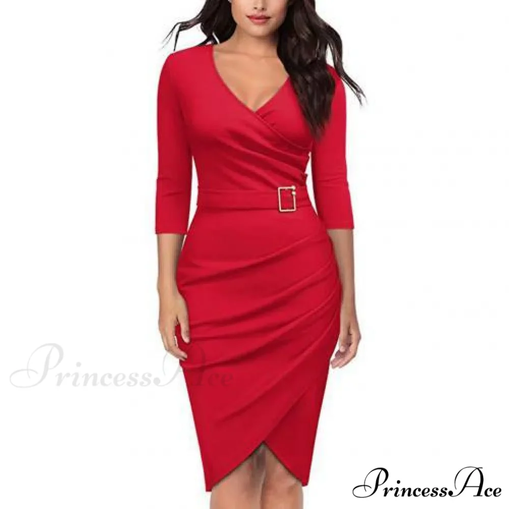 Solid Color V Neck 3/4 Sleeve Pencil Dress - Image 7
