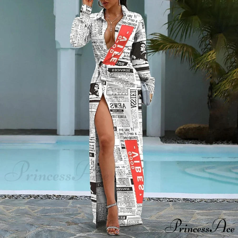 Elegant Newspaper Printed Shirt Dress - Image 2