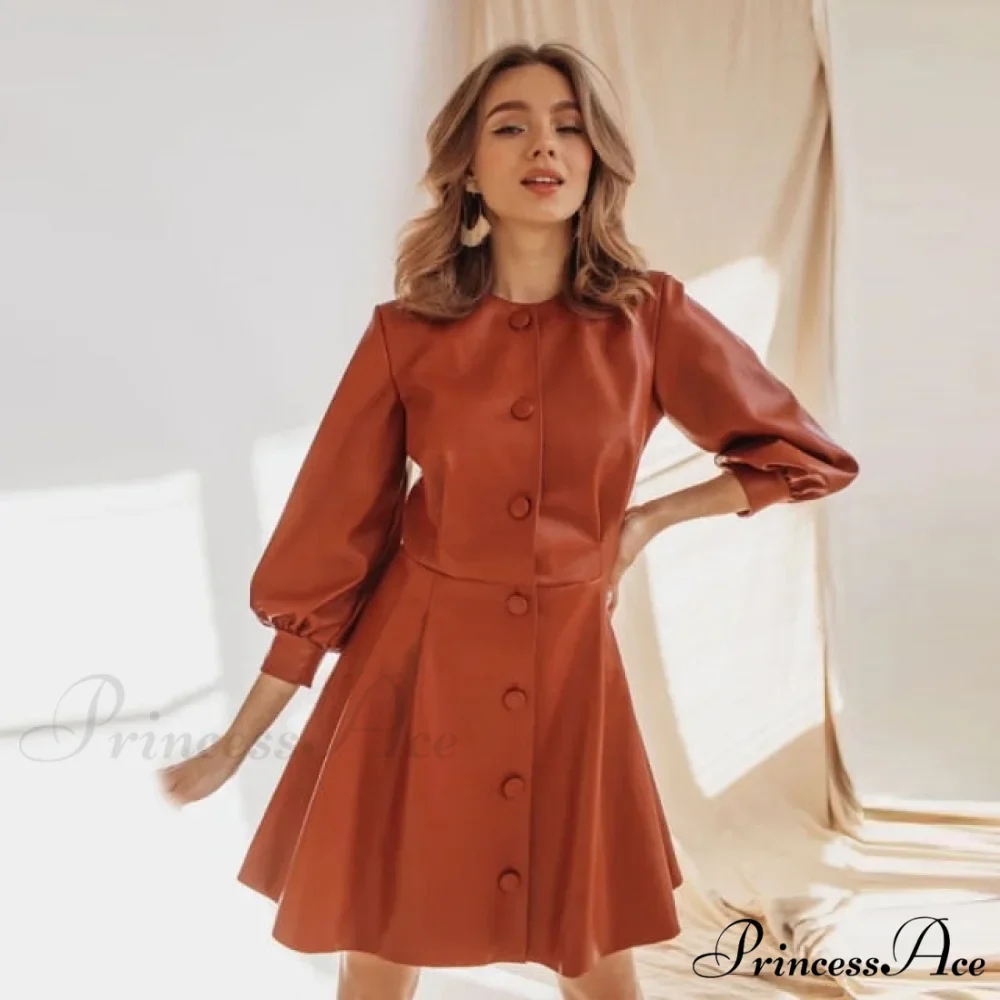 Single Breasted O Neck PU Leather Dresses - Image 4